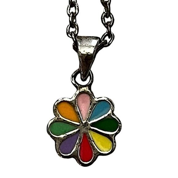 2 Sterling Silver Children’s Necklaces - Cross & Colorful Flower Pendants - Picture 2 of 11